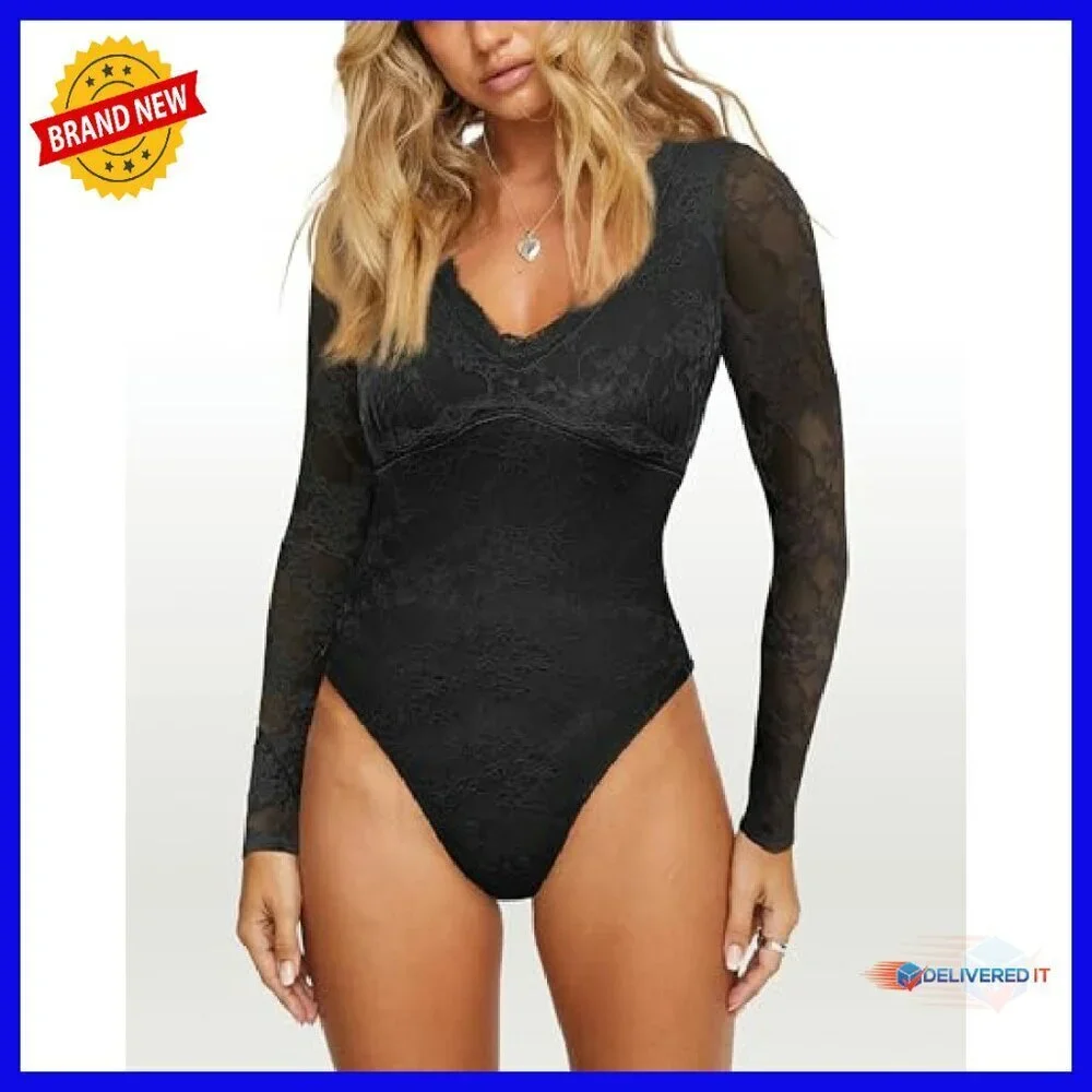 V Neck Lace Bodysuit Long Sleeve Double Lined Y2K Going Out Top